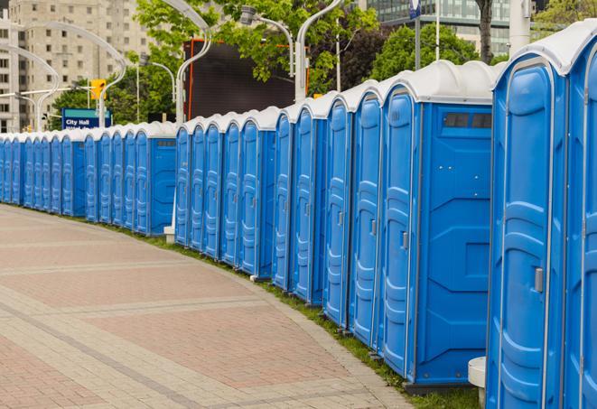 a line of portable restrooms set up for a wedding or special event, ensuring guests have access to comfortable and clean facilities throughout the duration of the celebration in Allenton, MI